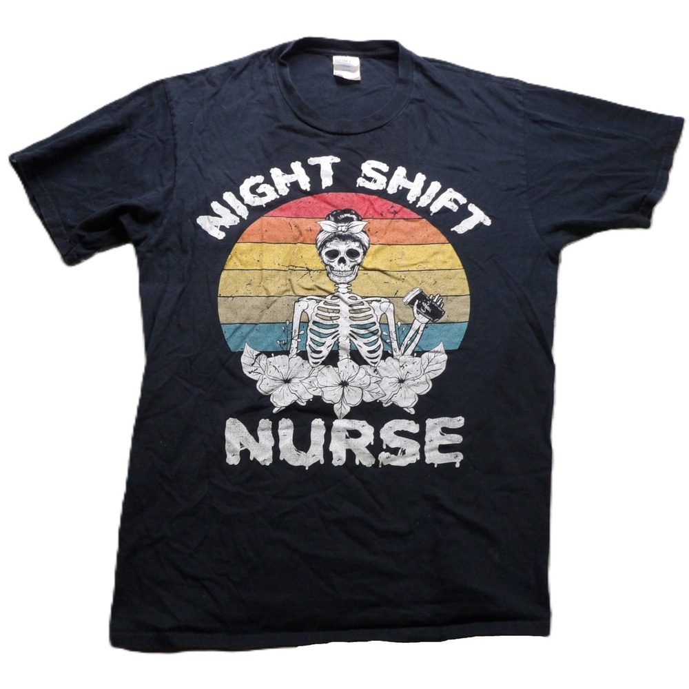 Port & Company Women M Night Shift Nurse Skeleton Black Graphic T Shirt Retro RN